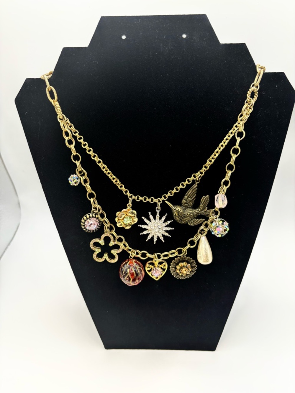RJ Graziano Vintage Multi Charm Necklace Hummingbird Starburst Heart Signed